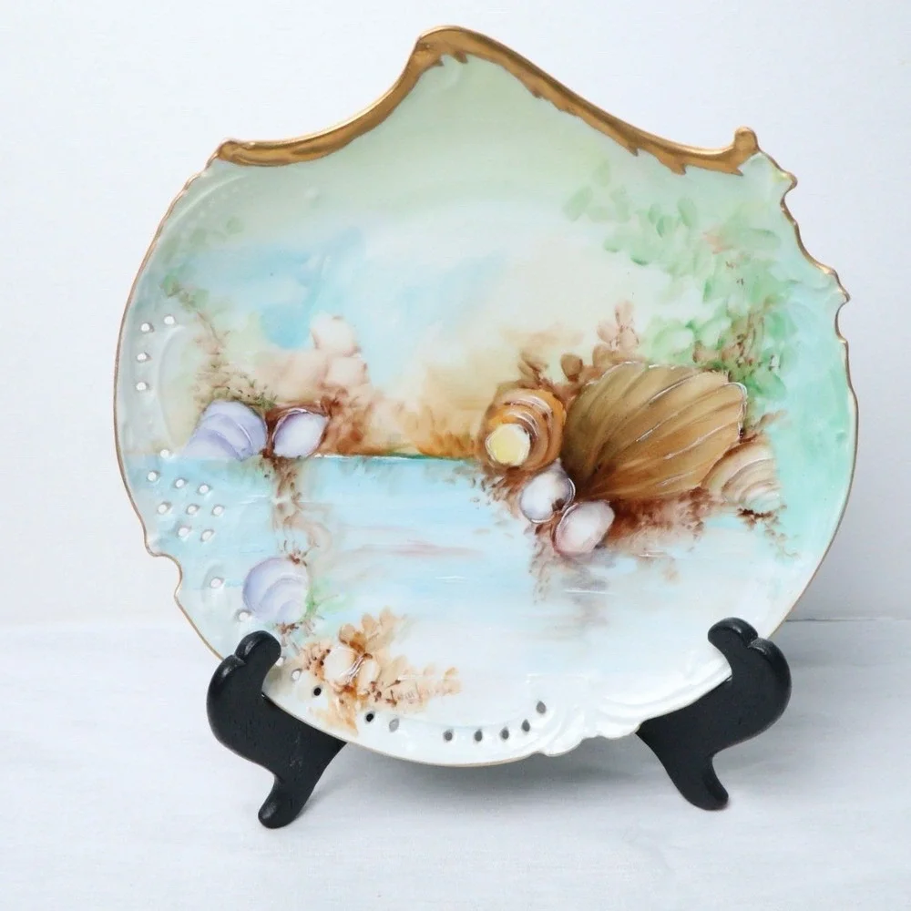 4 Antique Bavaria Rosenthal Savoy Porcelain Sea Shell Plates Gold Gilt Trim